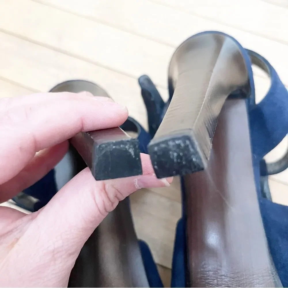 Stuart Weitzman Navy Blue Suede T-Strap Platform Heels - Picture 6 of 11